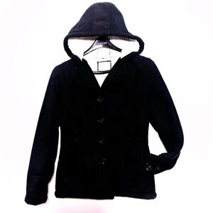 Snobbish Forever Love Navy Hooded 4 Button Down Sherpa Lined Jacket Coat Sz L Jr